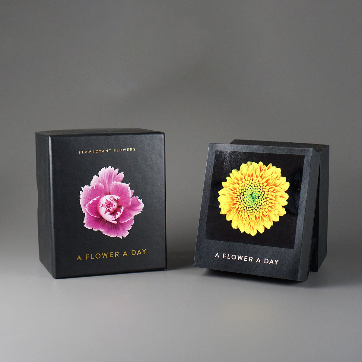 Schwarze Box und aufgestellter Kalenderblock des Buches Flamboyant Flowers mit Fotos von rosa und gelben Blüten.