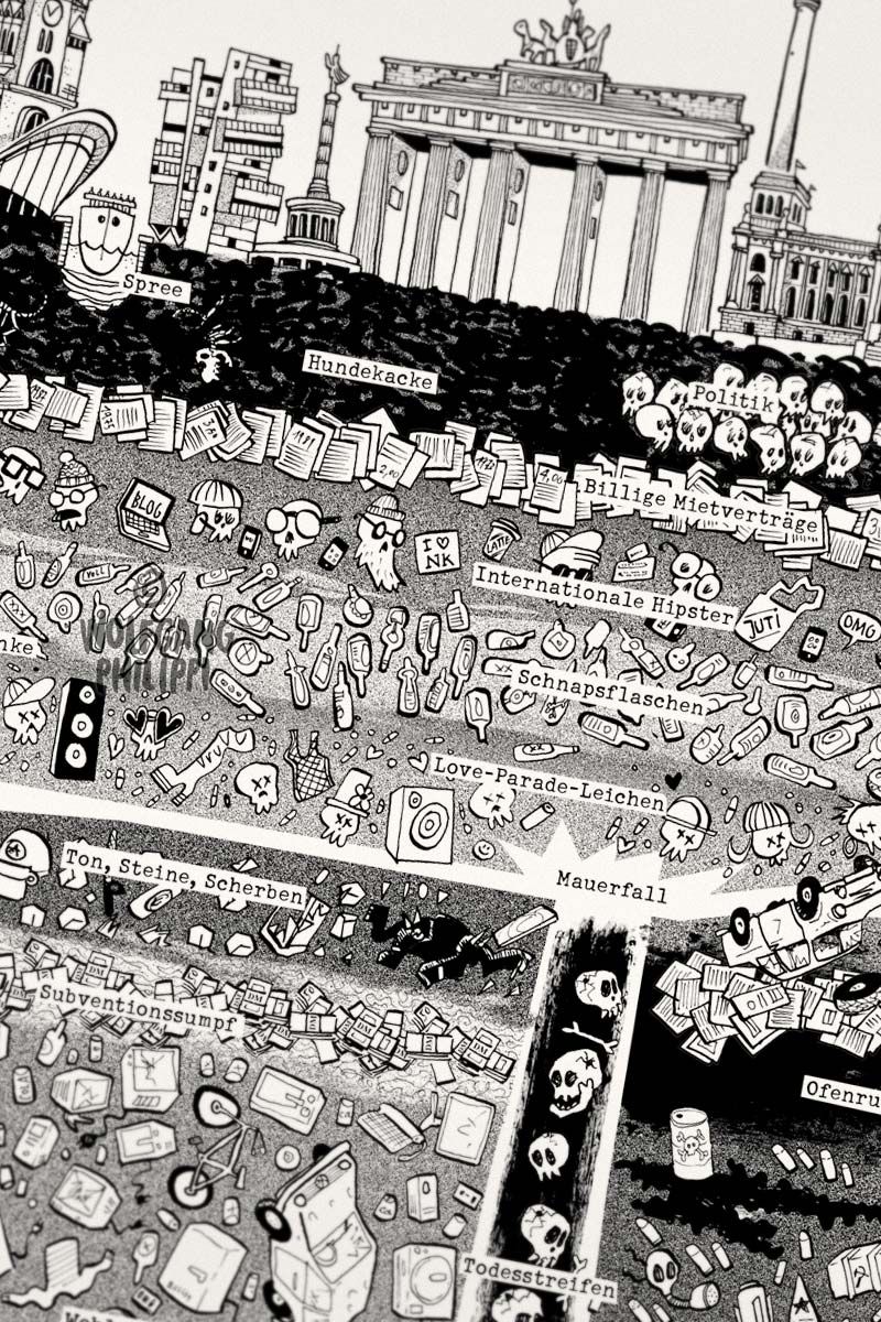 Illustration des Berliner Untergrunds als Schichtdiagramm mit Skyline und humorvollen Beschriftungen.