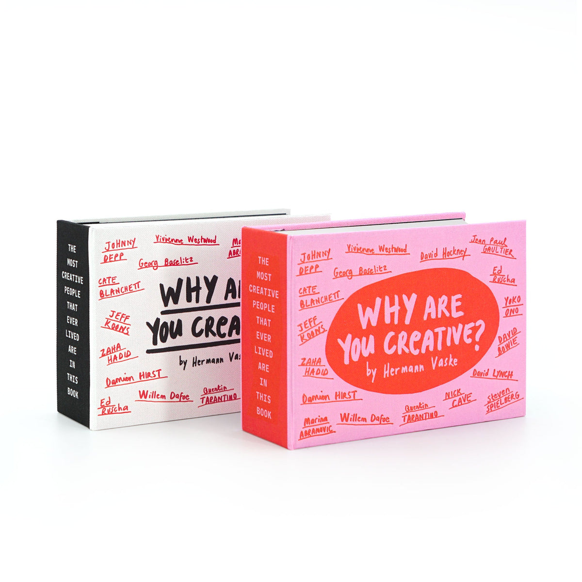 Zwei Buchboxen des Titels Why Are You Creative? von Hermann Vaske in Weiß und Rosa mit Namensnennungen auf dem Cover.