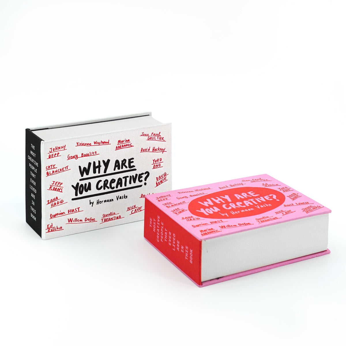 Zwei Ansichten des Buches Why Are You Creative? von Hermann Vaske in einer weißen und einer roten Version mit Namensnennungen.