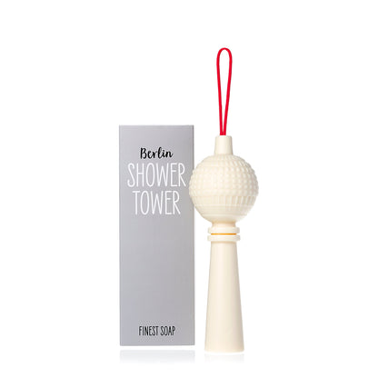 Fernsehturmförmige Showertower-Seife mit roter Kordel und grauer Verpackung
