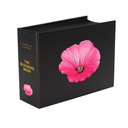 Schwarze Box des Buches The Blooming Book mit einer großen rosa Hibiskusblüte auf dem Cover.