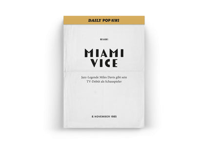 Daily-Pop-News-Kalenderblatt mit großer Miami-Vice-Schrift