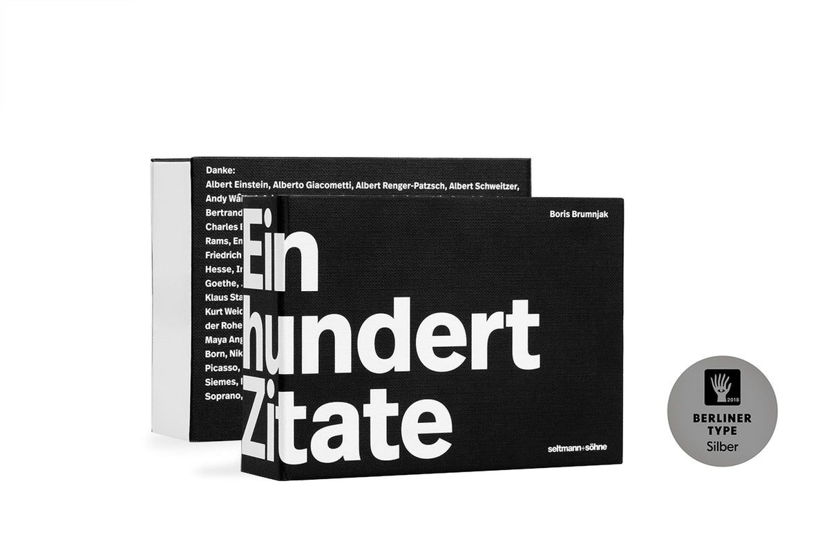 Schwarze Buchbox mit weißem Schriftzug Einhundert Zitate und silbernem Berliner Type Siegel.