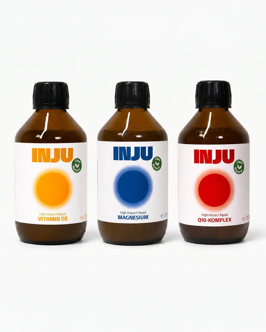 INJU Essentials: Vitamin D3, Magnesium und Q10-Komplex als drei Flaschen nebeneinander
