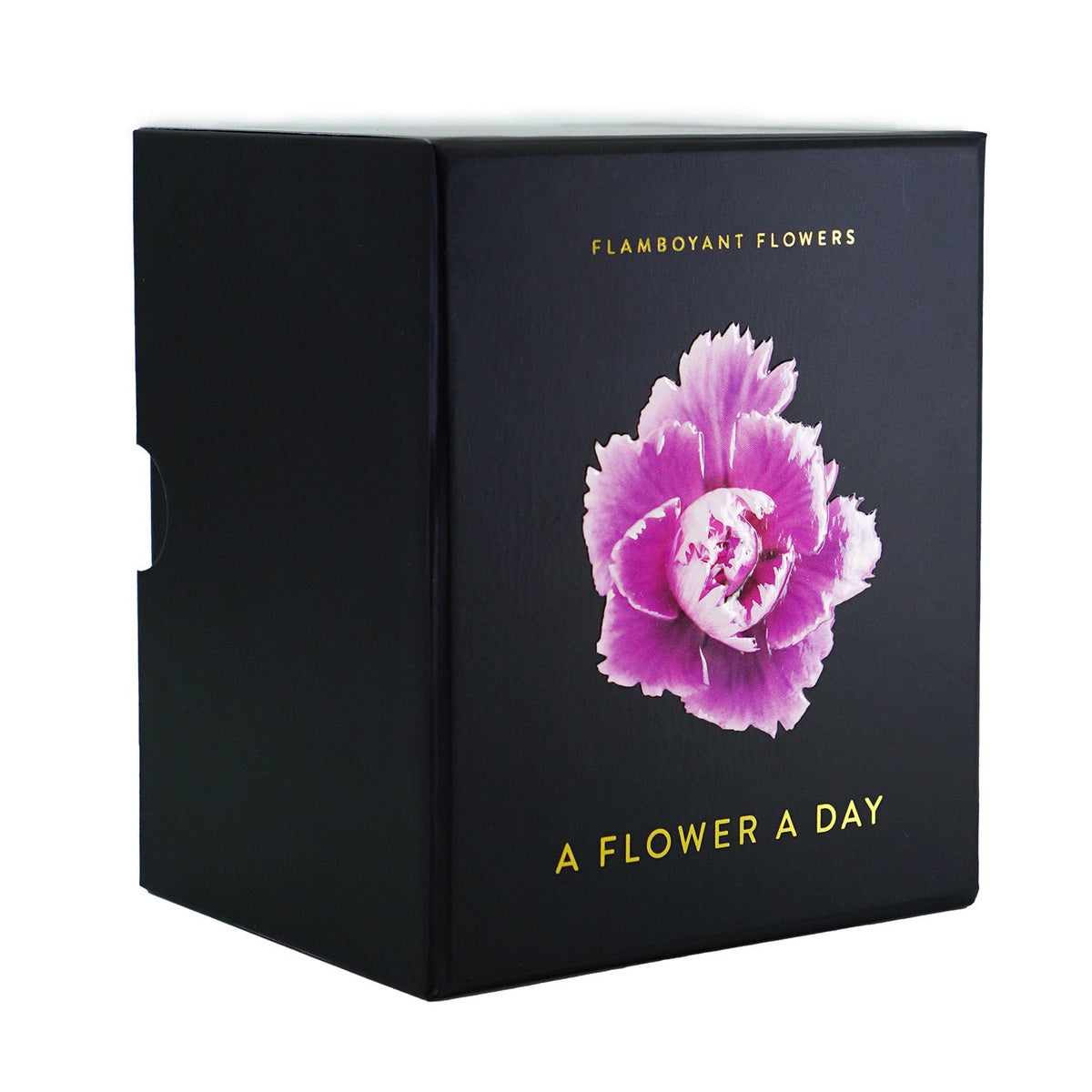 Schwarze Box des Kalenders Flamboyant Flowers mit violetter Blüte und goldener Schrift auf weißem Hintergrund.