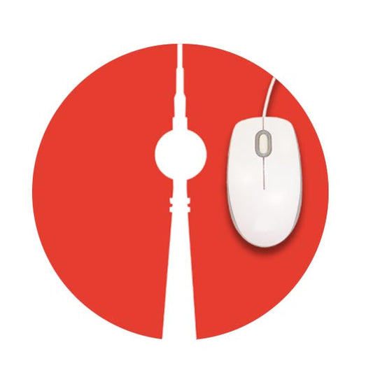 Rundes rotes Mousepad mit weißem Motiv des Berliner Fernsehturms und einer weißen Maus.