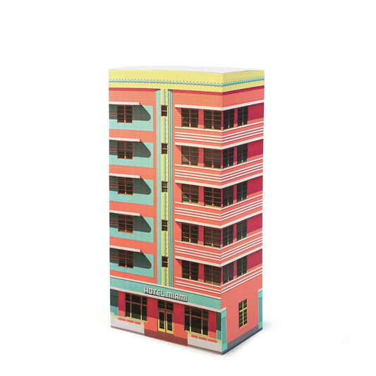 Hochformatiges Objekt mit grafischer Darstellung der roten und türkisfarbenen Fassade des Hotel Miami.