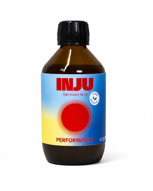 Braune Glasflasche von Inju Performance mit blau-gelbem Etikett und rotem Kreis auf weißem Hintergrund.