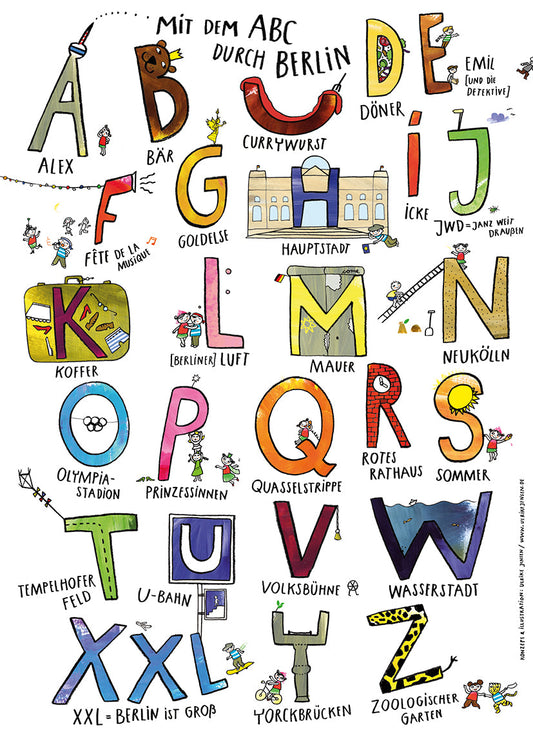 Bunt illustriertes Alphabet-Poster Mit dem ABC durch Berlin mit Berliner Begriffen und Figuren.