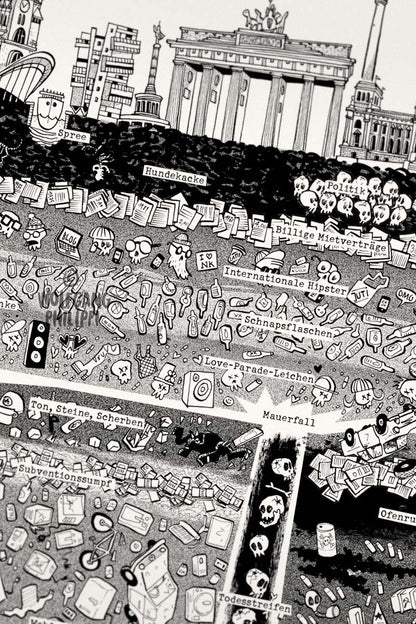 Illustration des Berliner Untergrunds als Schichtdiagramm mit Skyline und humorvollen Beschriftungen.
