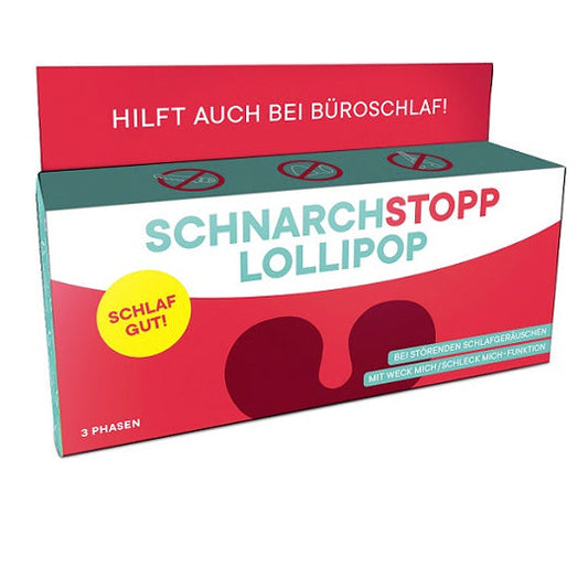 Rote und weiße Verpackung des Schnarch Stopp Lollipop mit gelbem Aufkleber und aufgestelltem Deckel.