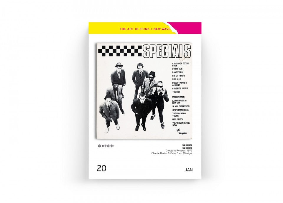 Punk-Covers-Kalenderblatt mit schwarz-weißem Specials-Cover