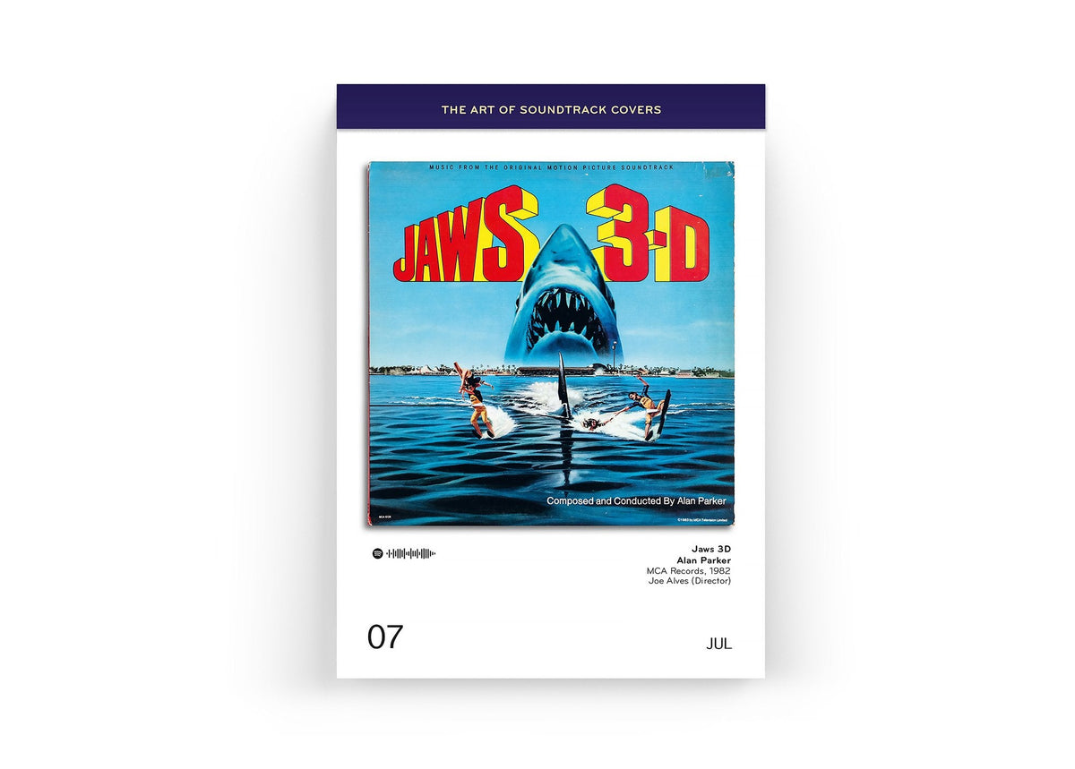 Soundtrack-Covers-Kalenderblatt mit Jaws-3D-Cover und Hai