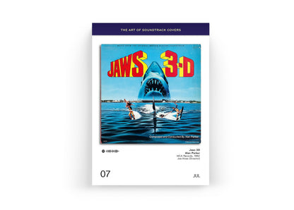 Soundtrack-Covers-Kalenderblatt mit Jaws-3D-Cover und Hai