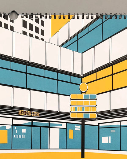 Illustration der Berliner Mengenlehreuhr im S-Wert Design Wandkalender 2027 vor geometrischer Fassade.