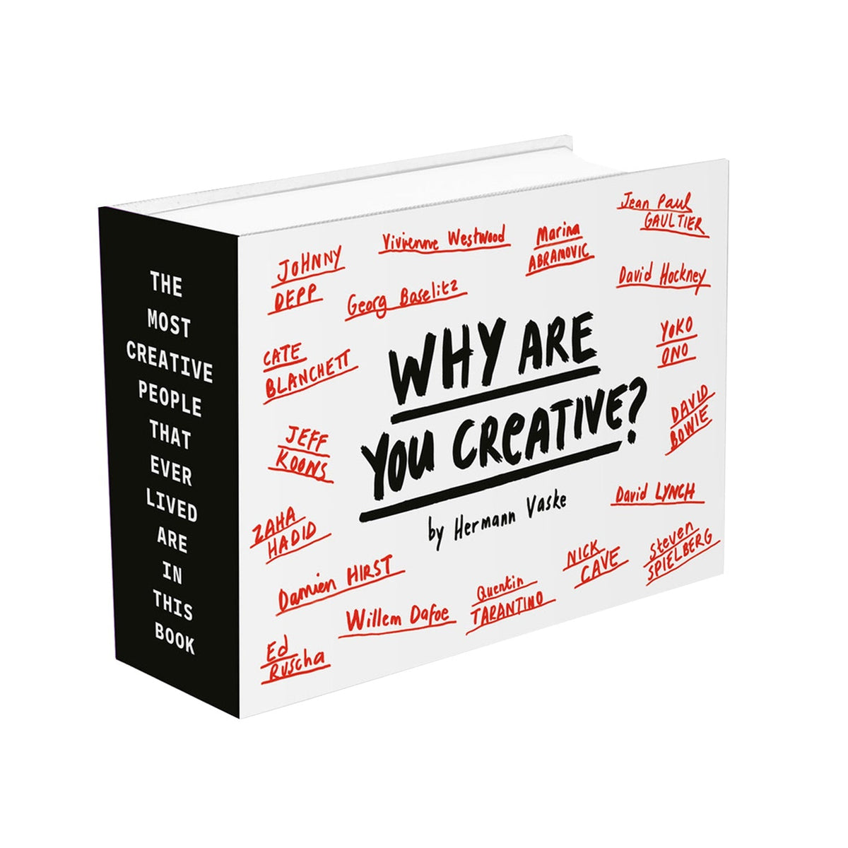 Das Buch Why Are You Creative von Hermann Vaske mit weißem Cover, roten Namen und schwarzem Buchrücken.