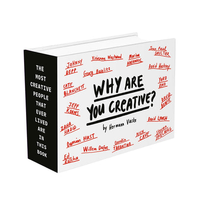 Das Buch Why Are You Creative von Hermann Vaske mit weißem Cover, roten Namen und schwarzem Buchrücken.
