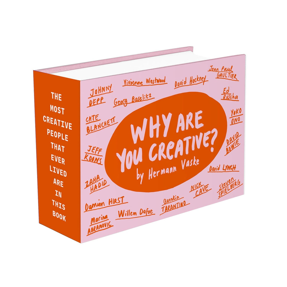 Aufrecht stehendes Buch Why Are You Creative? mit rosa Cover, orangefarbenem Titeloval und orangefarbenem Buchrücken.